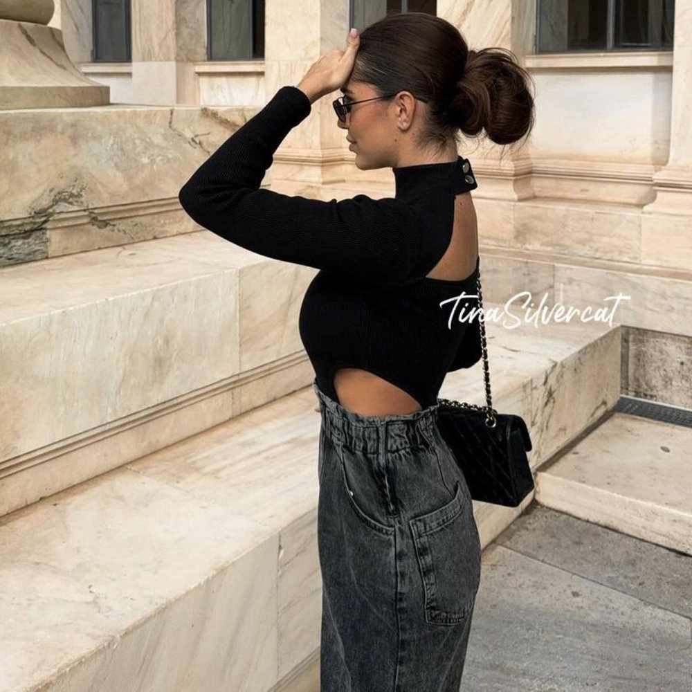 Zara Contrasting Denim Jumpsuit Black Gray NWT - Picture 10 of 12